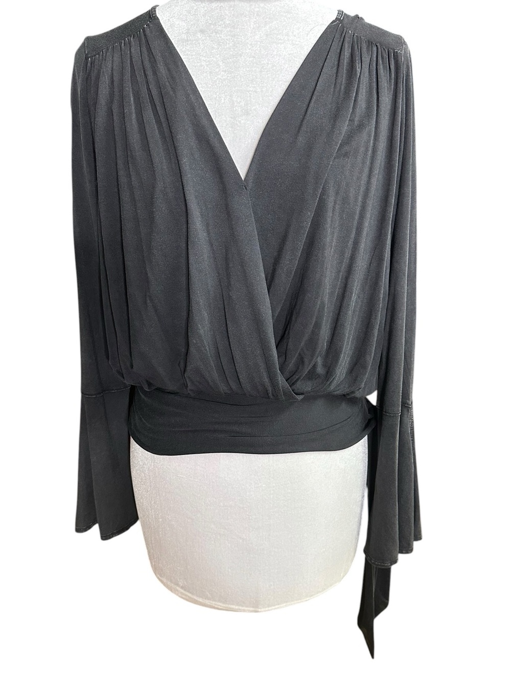 NWT Deletta Anthropologie Bell Sleeve Faux Wrap Top. Black Gray. Size Small
